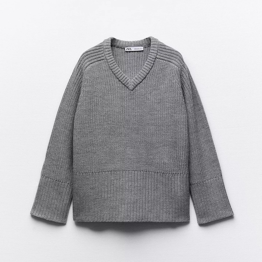 NEW ZARA Wool Blend Knit Gray V-Neck Sweater